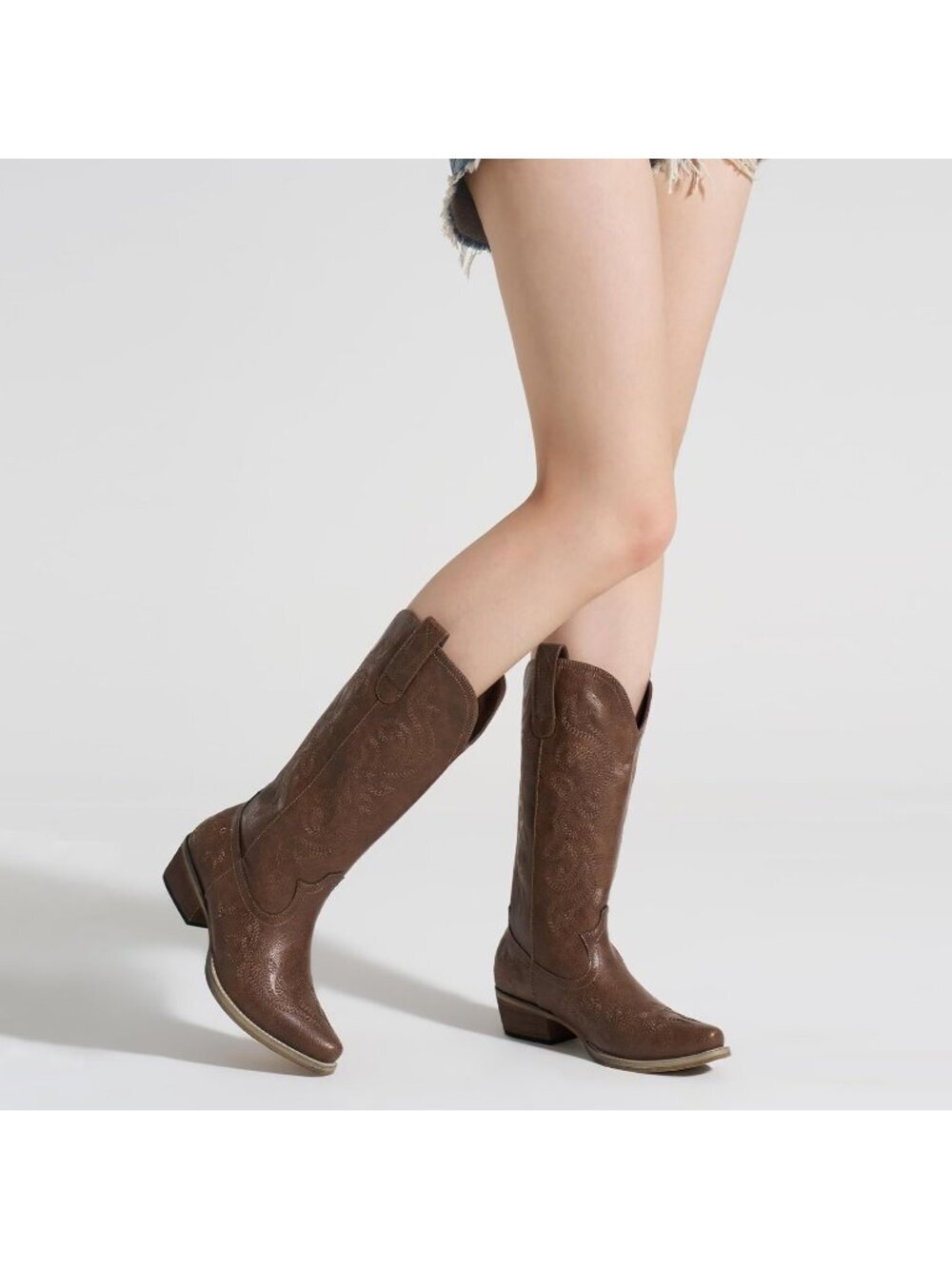 Women's Bronze Synthetic Rubber Western Cowgirl Mid Calf Chunky Heeled Boots - Picture 2 of 6